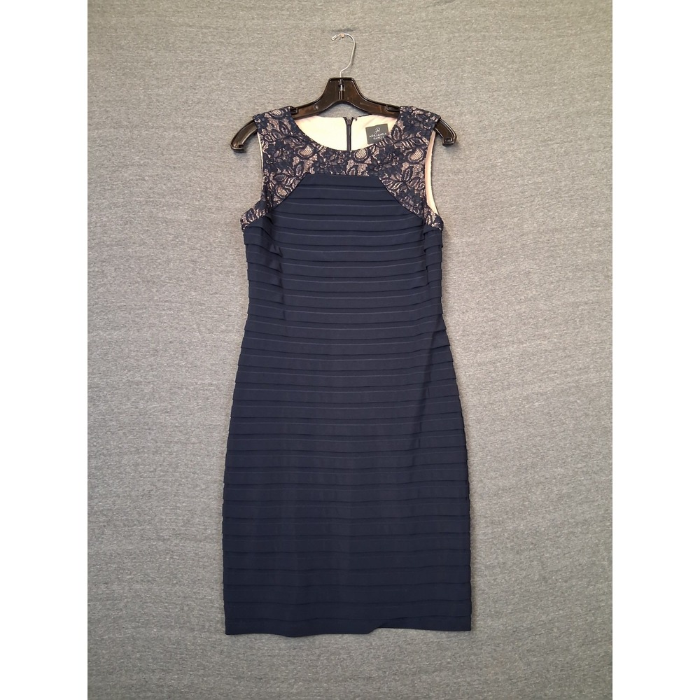 VTG Adrianna Papell Womens Dress 6 Navy Blue Corporate Chic Power Wedding MOB